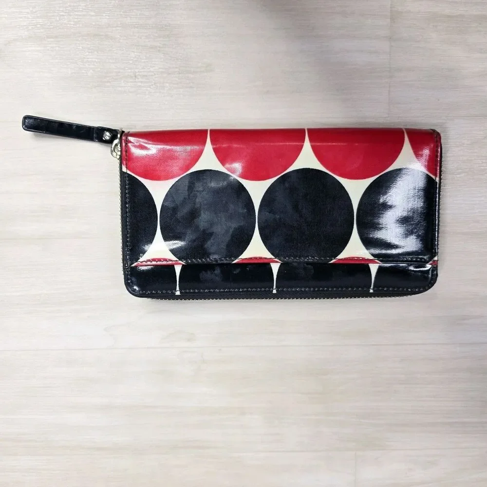 Kate‎ Spade New York Black Red Polka Dot Shiny Wallet Zip